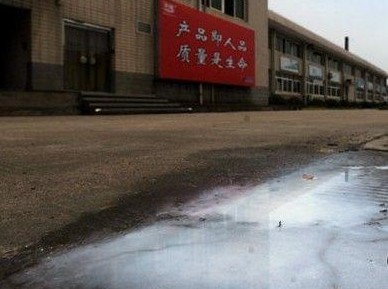 光明乳業廠門口被傾倒的牛奶。