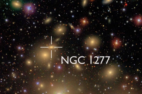 小型星系NGC 1277位于英仙座星系群,對比其它星系,NGC 1277星系非常緊密和扁平,其中包含著一個巨大的黑洞,質量是太陽的170億倍